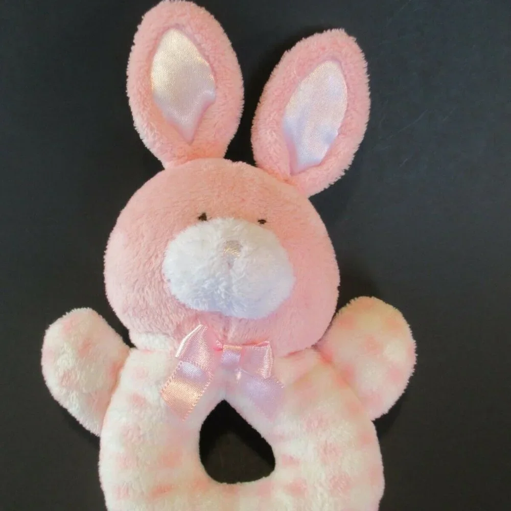 Animal Alley BABY Plush PINK RABBIT Stuffed Animal Round Rattle WHITE Plaid Toy